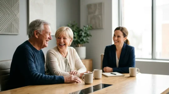 Couple de seniors échangeant avec un conseiller financier sur leur avenir patrimonial et leur retraite