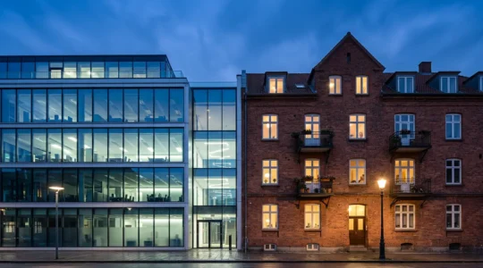 Comparaison entre un immeuble de bureaux moderne et un immeuble résidentiel illustrant les différences entre l'immobilier commercial et résidentiel