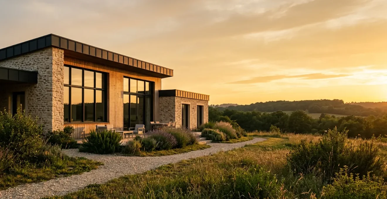 Vue large d'une maison contemporaine élégante dans un environnement naturel français au crépuscule
