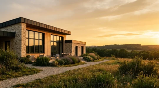 Vue large d'une maison contemporaine élégante dans un environnement naturel français au crépuscule