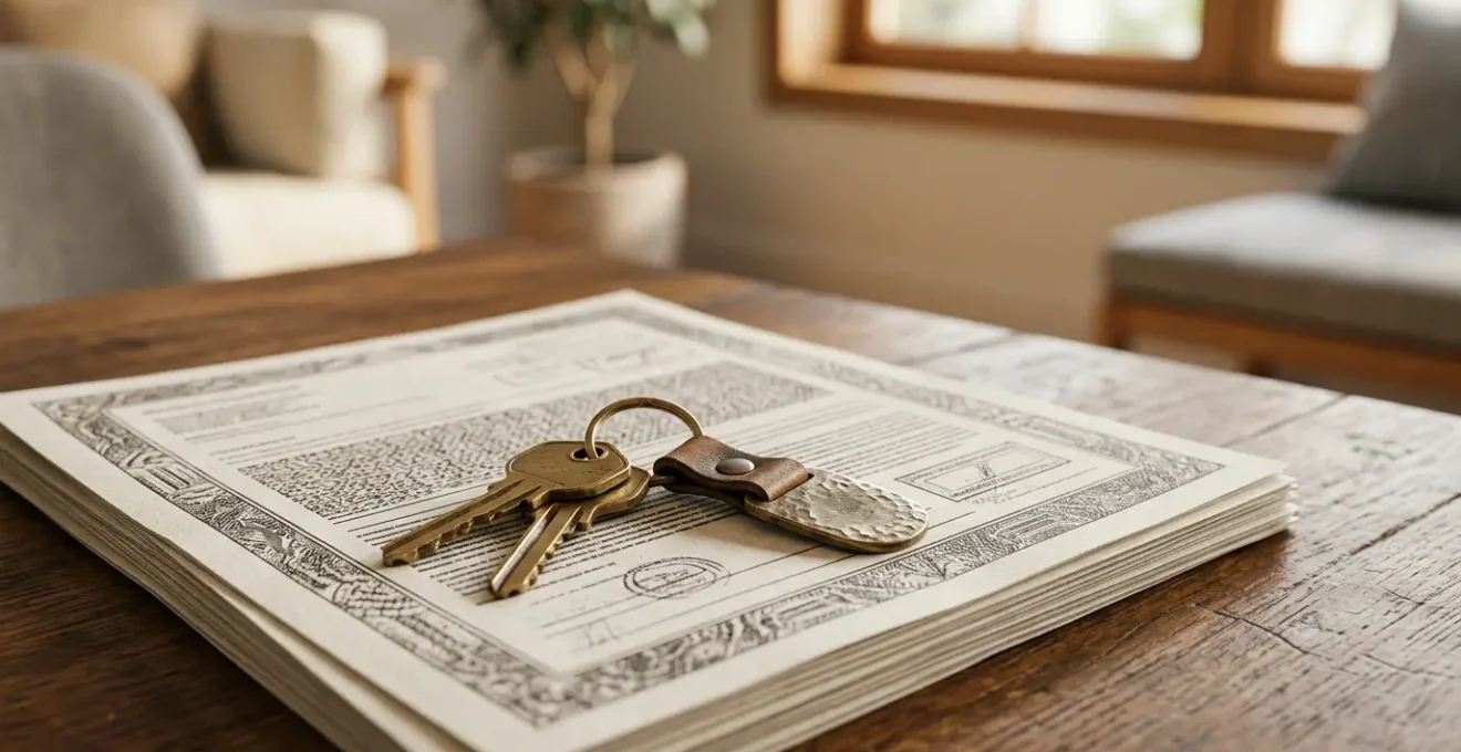 Clés de maison posées sur des documents financiers symbolisant la sécurité d'un prêt à taux fixe